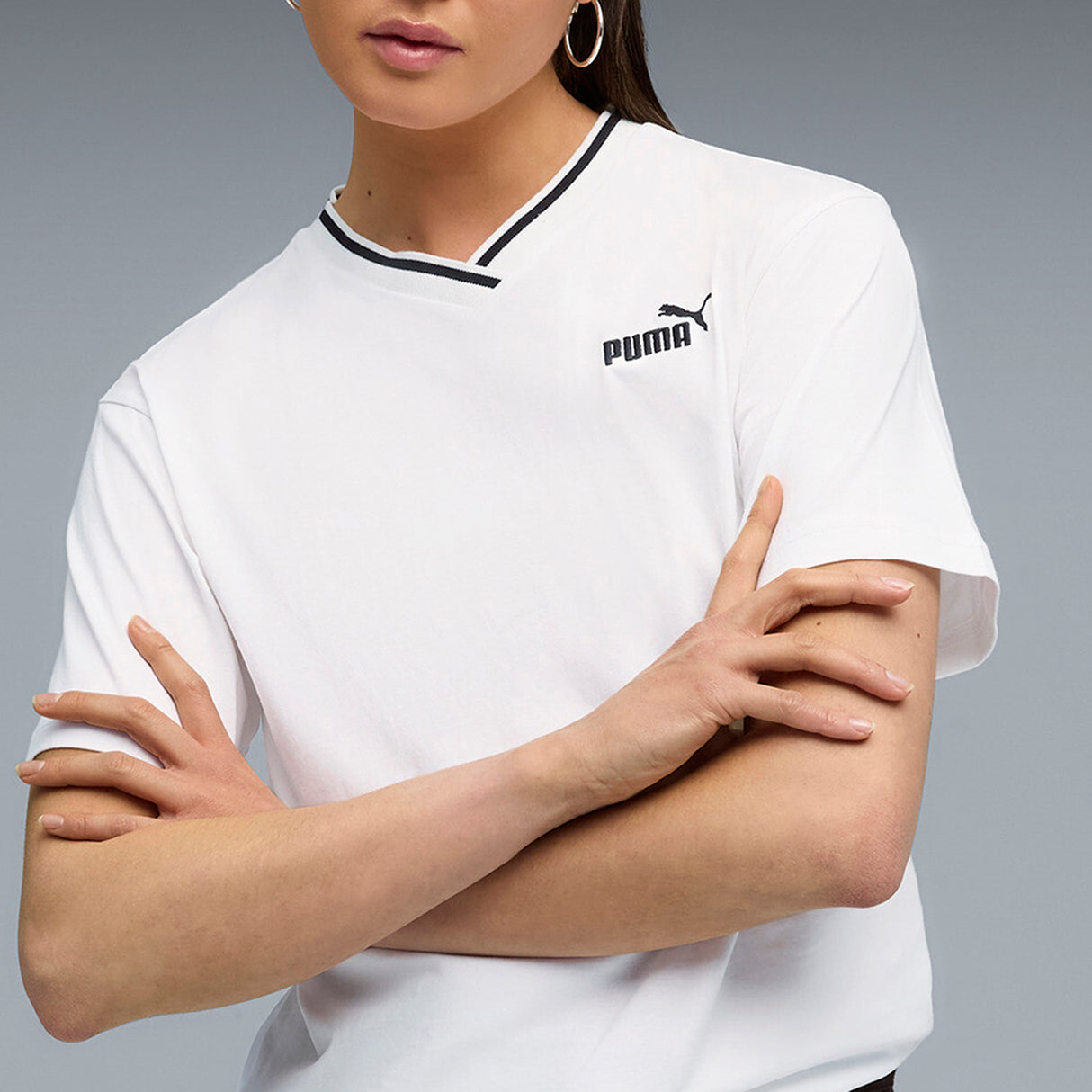 Puma Women White Ess Relaxed V-Neck Tee Apparels