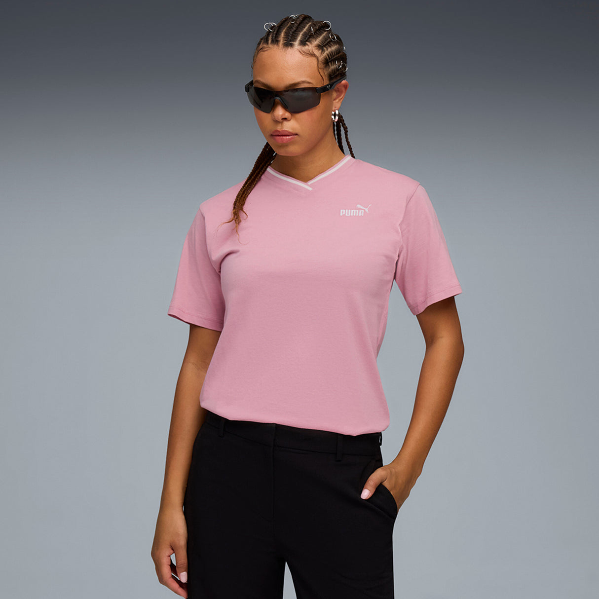 Puma Women Pink Ess Relaxed V-Neck Tee Apparels