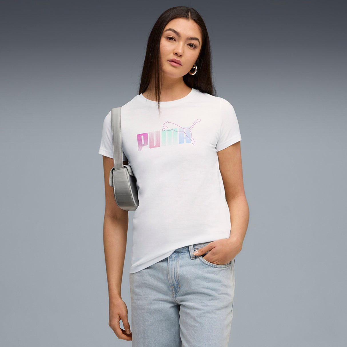 Puma Women White Graphic Stacked Tee Apparels