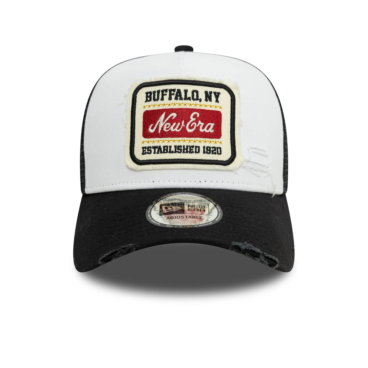 NEW ERA PATCH DISTRESSED WHITE & BLACK 9FORTY A-FRAME TRUCKER ADJUSTABLE CAP