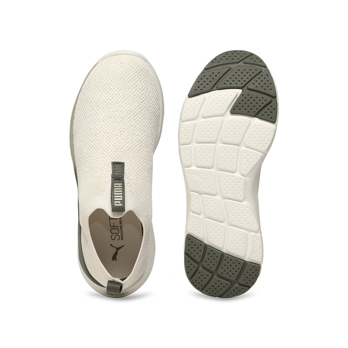 Puma Women Warm White-Dark Loden-Lux Army Softride Remi Slip-On Knit Running Shoes