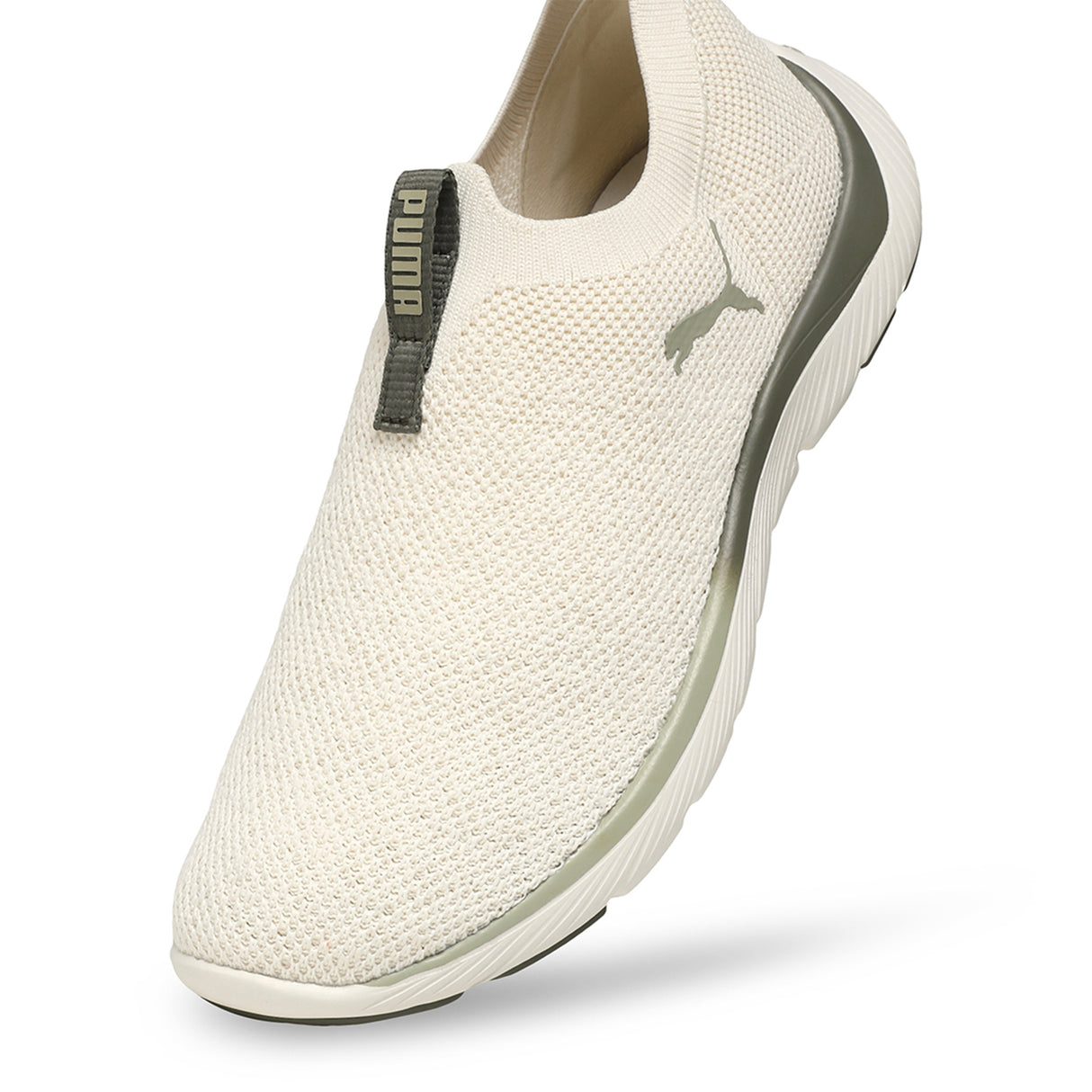 Puma Women Warm White-Dark Loden-Lux Army Softride Remi Slip-On Knit Running Shoes
