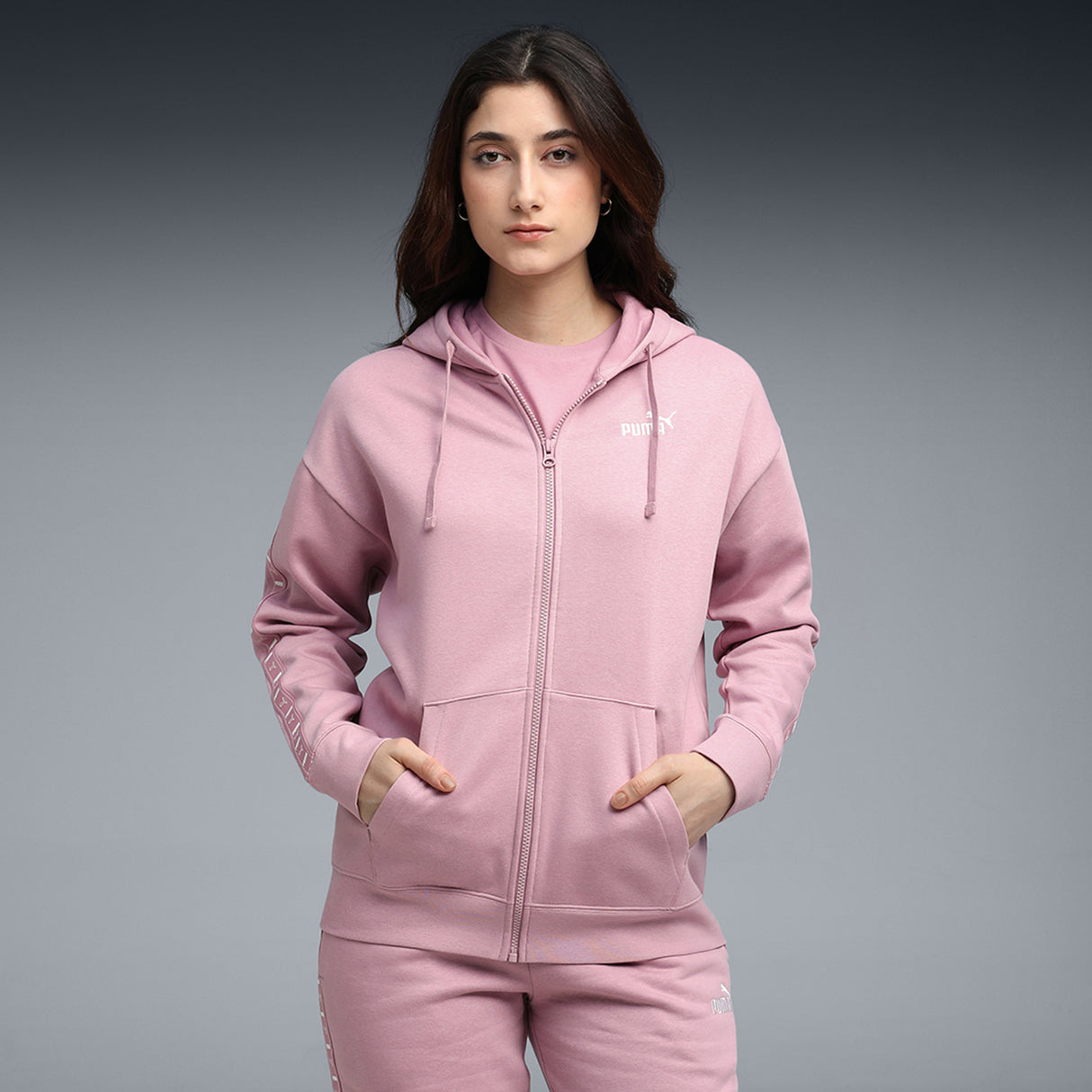 Puma Women Pink Ess Tape Relaxed Full-Zip Hoodie Fl Apparels