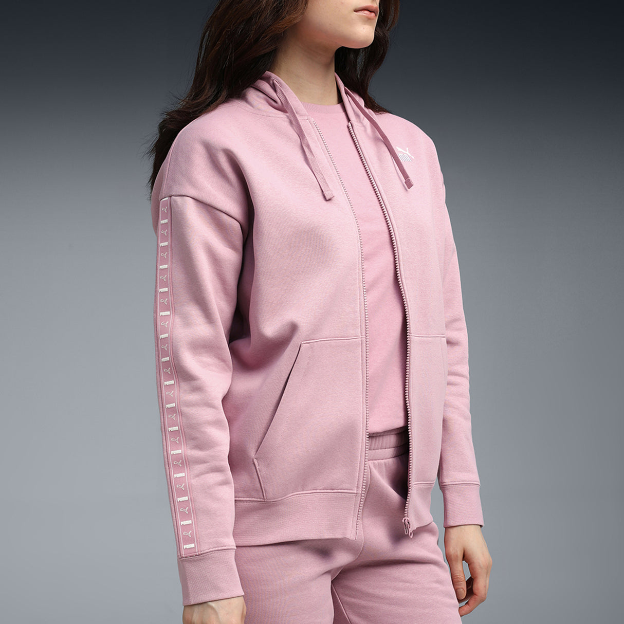 Puma Women Pink Ess Tape Relaxed Full-Zip Hoodie Fl Apparels