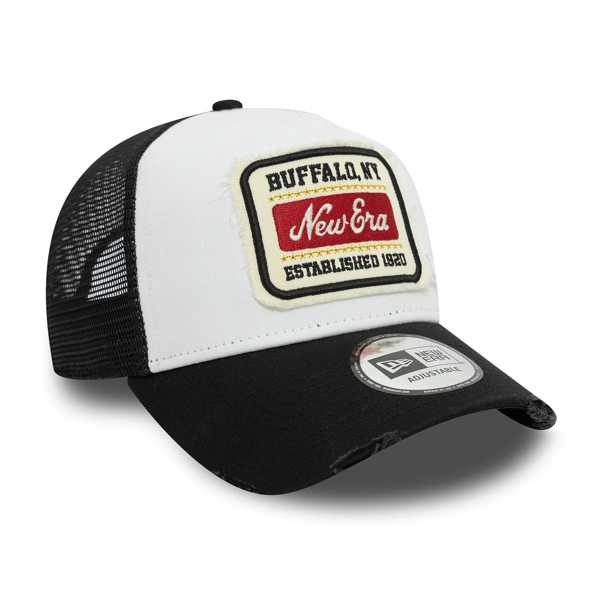 NEW ERA PATCH DISTRESSED WHITE & BLACK 9FORTY A-FRAME TRUCKER ADJUSTABLE CAP