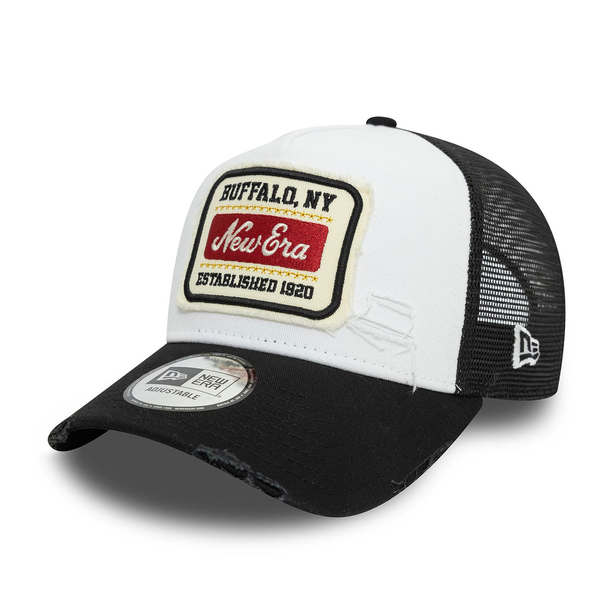 NEW ERA PATCH DISTRESSED WHITE & BLACK 9FORTY A-FRAME TRUCKER ADJUSTABLE CAP