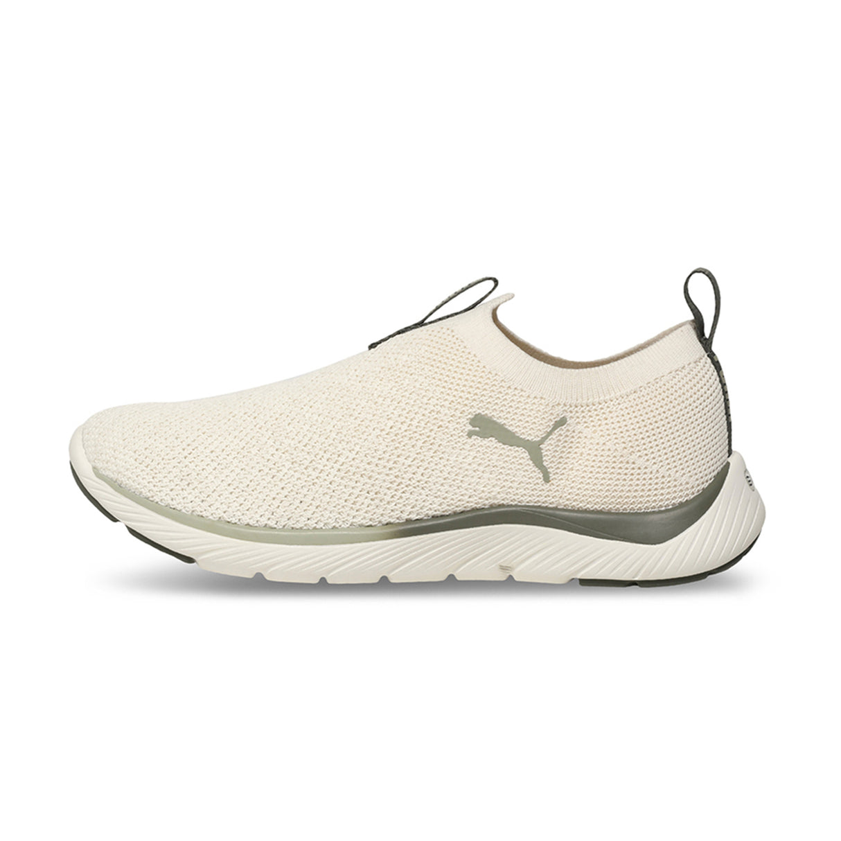 Puma Women Warm White-Dark Loden-Lux Army Softride Remi Slip-On Knit Running Shoes