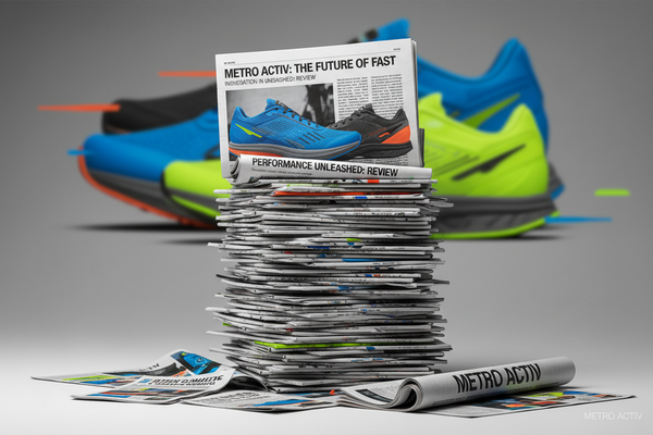 Professional editorial press hero image for Metro Activ athletic footwear e-commerce brand:

COMPOSITION:
- 16:9 landscape format (1920x1080px or 1600x900px)
- Modern sports-meets-editorial aesthetic
- Clean, energetic layout with professional credibility

VISUAL ELEMENTS:
- Central focus: Stacked newspaper/magazine spreads featuring athletic footwear
- Subtle shoe silhouettes in background (abstract, blurred, or outlined)
- Press clippings, editorial layouts, or article mockups about footwear/sports
- Typo